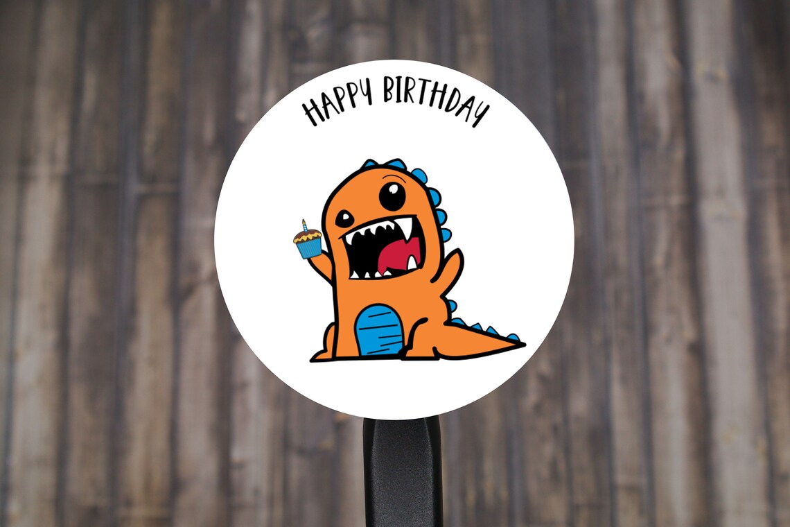 Dinosaur Happy Birthday Round Stickers, Gift Card Envelope Seals, Gift Wrap Stickers, 2" Circle Stickers | Set of 12