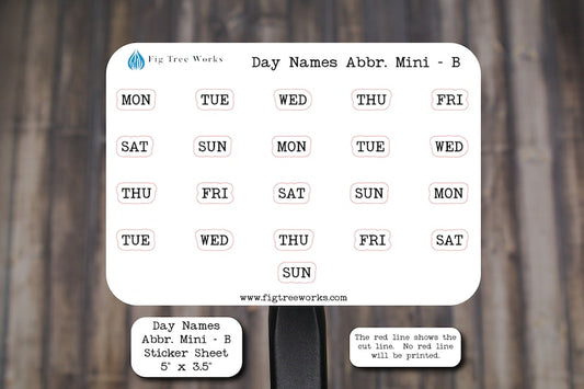 Day Names Abbreviated Mini Sticker Sheet | Weekday Name Sticker, Kiss Cut, Matte Finish