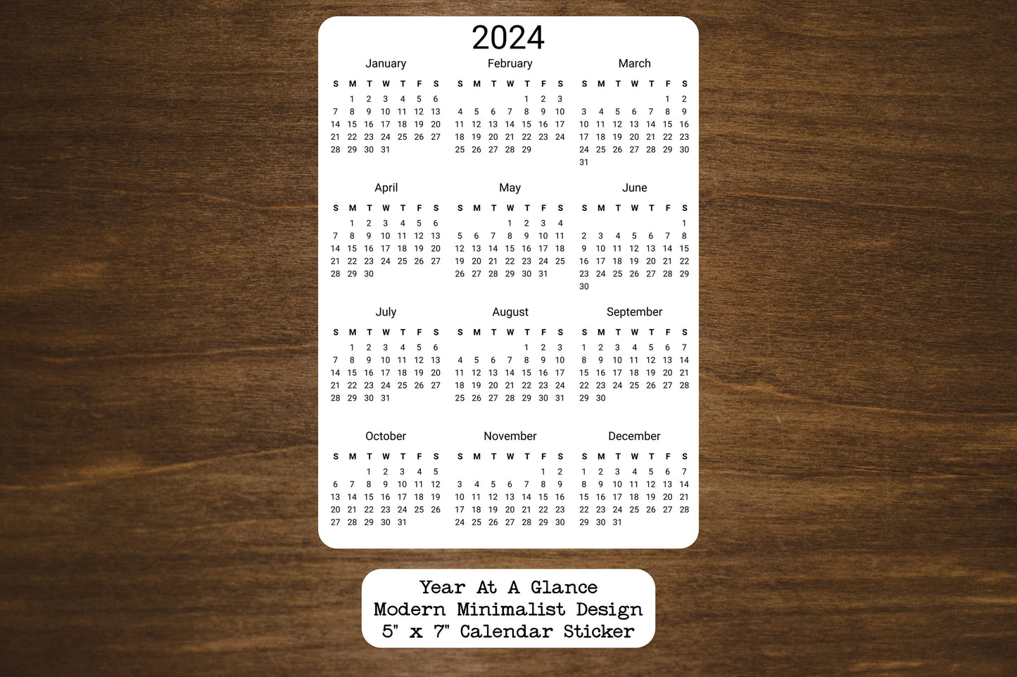 Year At A Glance Calendar Sticker - Modern Minimalist Design