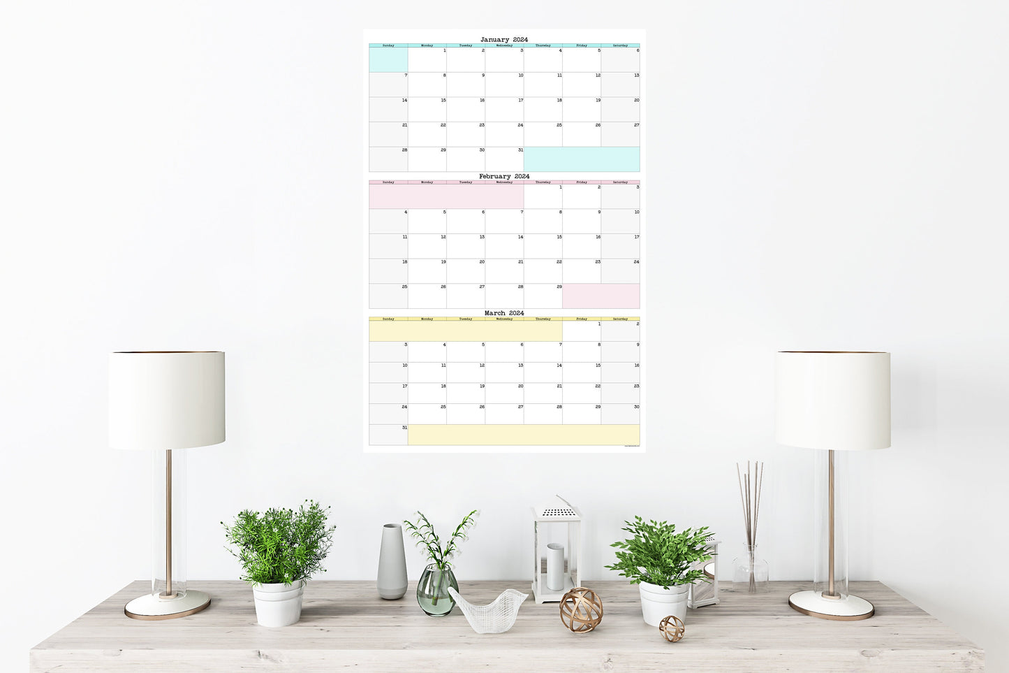 Large Quarterly Wall Calendar With Three Months
