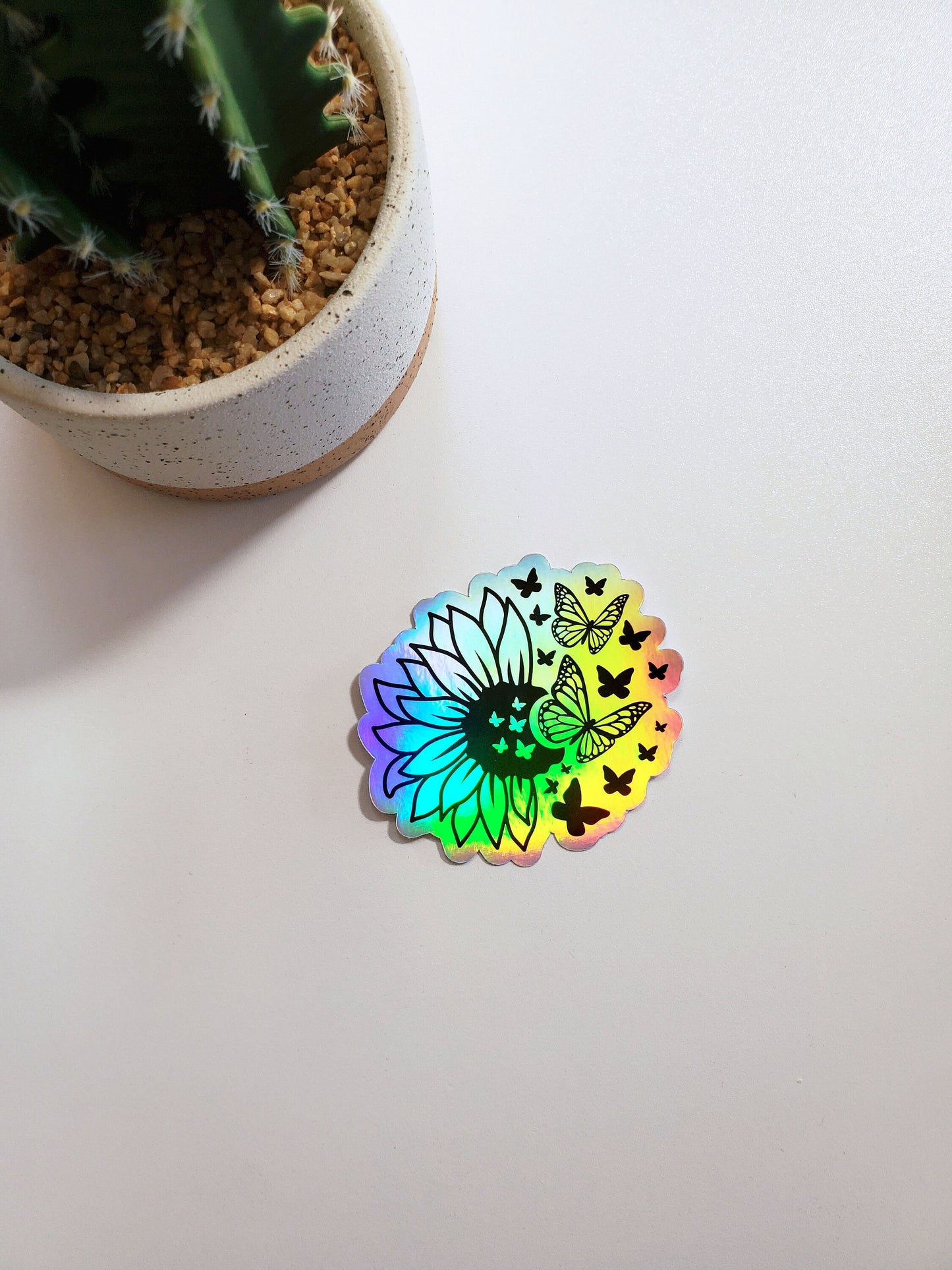 Sunflower and Butterflies Holographic Vinyl Sticker - Style B