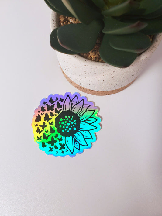 Sunflower and Butterflies Holographic Vinyl Sticker - Style A