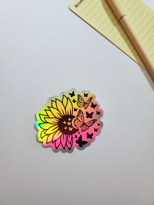 Sunflower and Butterflies Holographic Vinyl Sticker - Style B