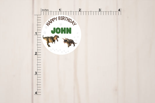 Happy Birthday Round Stickers Style D, Dinosaur Theme, Gift Card Envelope Seals, Gift Wrap Stickers, 2" Circle Stickers