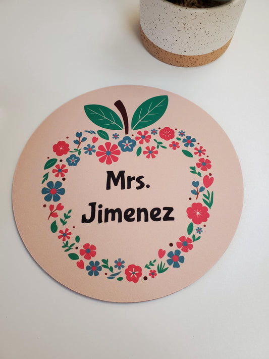 Custom Name Round Mouse Pad Apple and Flowers Design | Teacher Appreciation Gift | Desk Accessories
