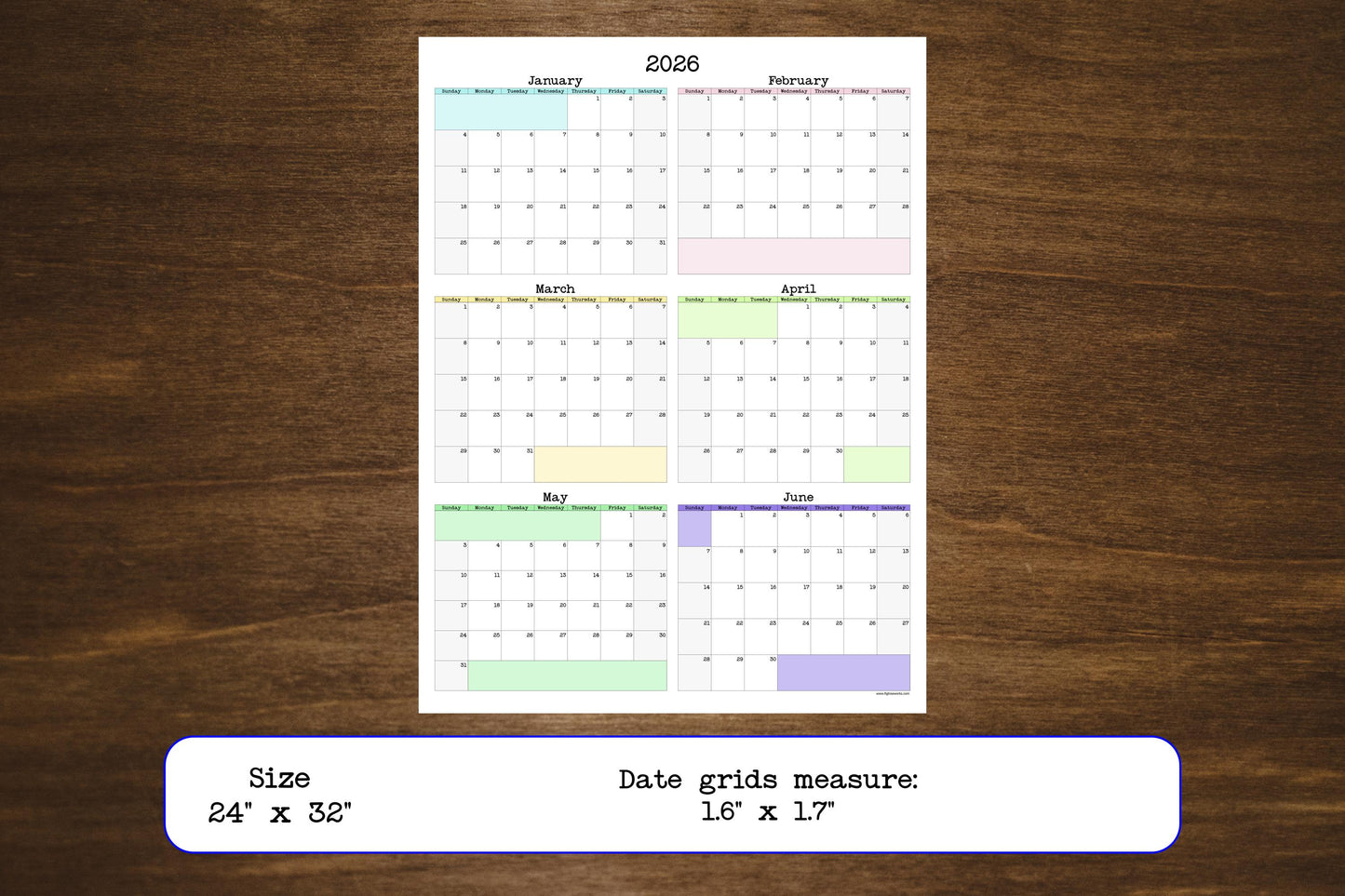 Large Vertical 6-Month Wall Calendar Starting On Any Month | 24" x 32" | Physical Print Only | Two Quarter Calendar