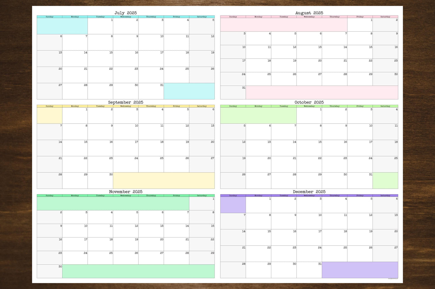 Large Six Month Wall Calendar Starting On Any Month