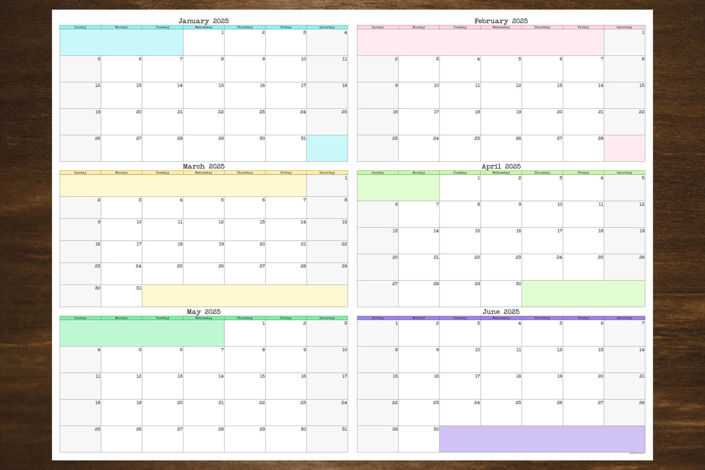 Large Six Month Wall Calendar Starting On Any Month
