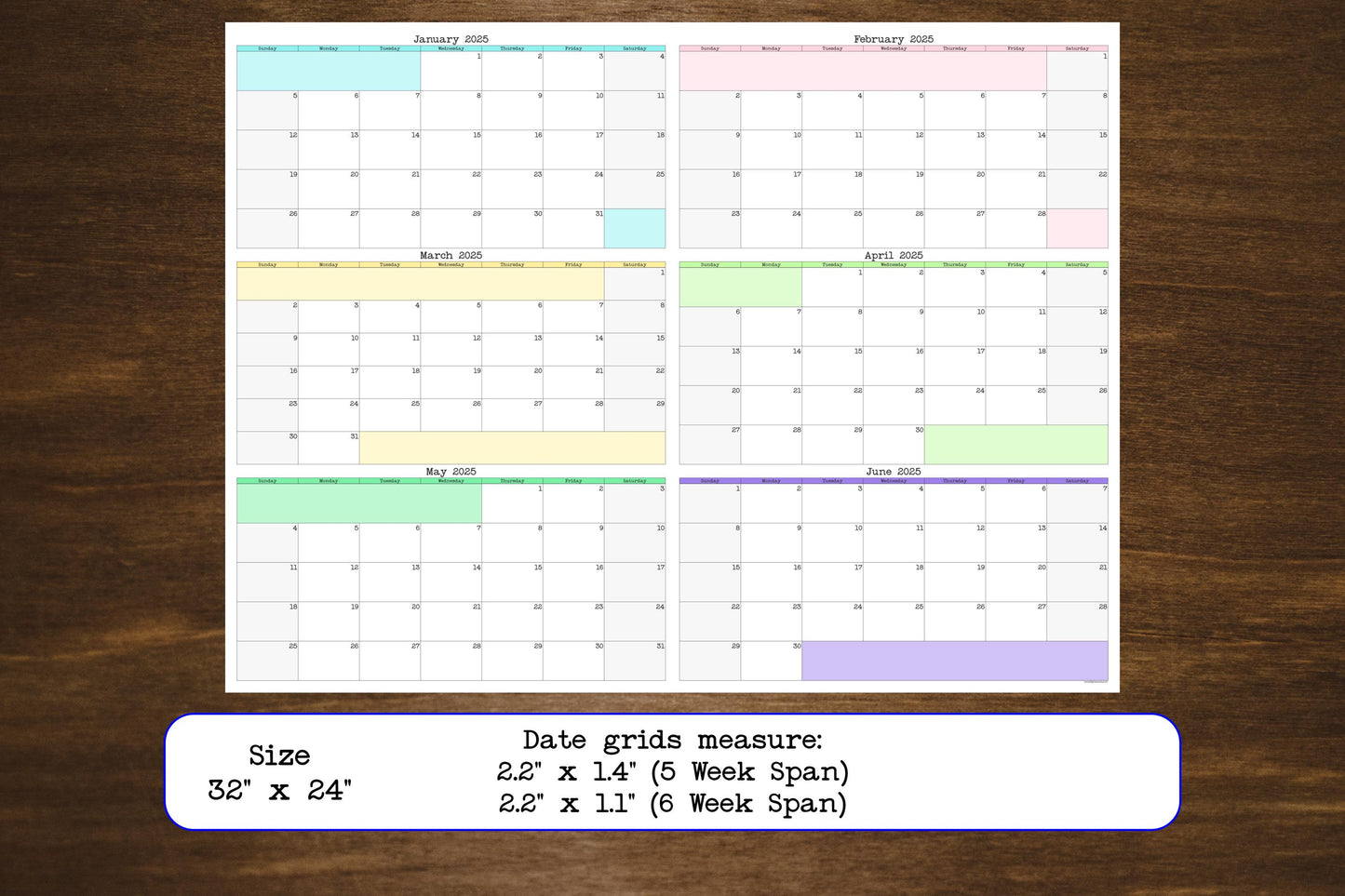 Large Six Month Wall Calendar Starting On Any Month