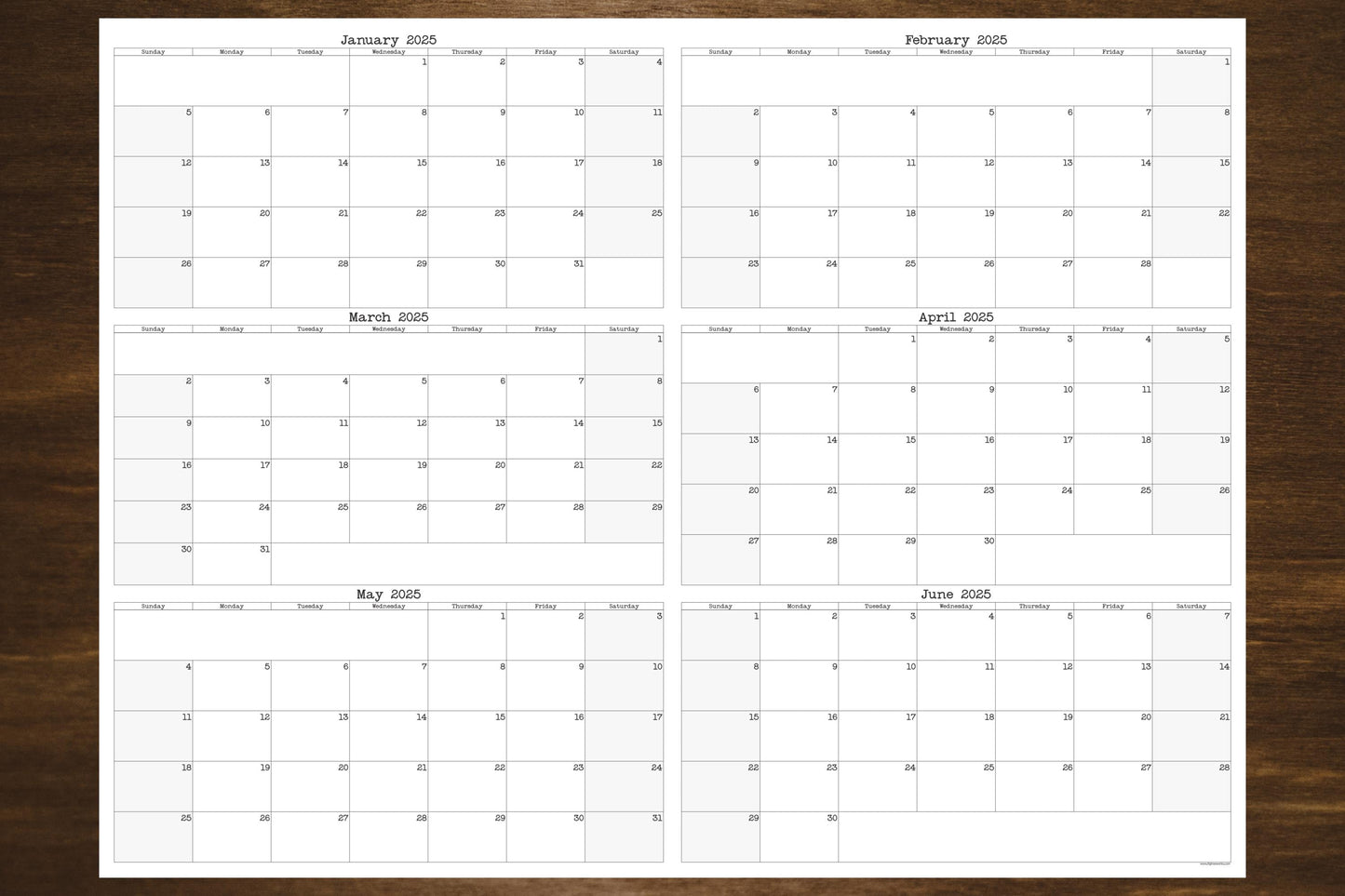 Large Six Month Wall Calendar Starting On Any Month