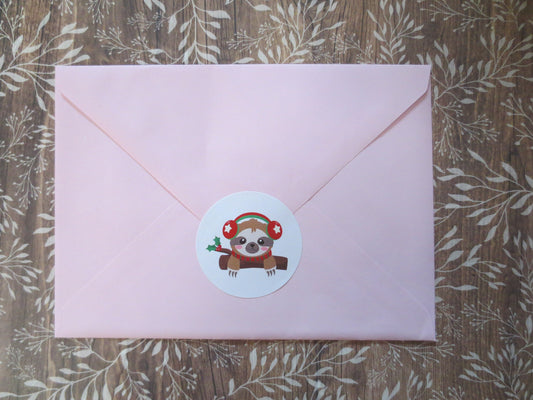 Sloth Christmas Round Stickers, Christmas Holiday Card Envelope Seals, Holiday Party Favor Stickers, Sloth 2" Circle Stickers
