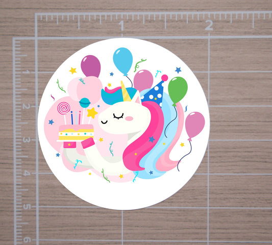 Happy Birthday Unicorn Round Stickers, Gift Card Envelope Seals, Gift Wrap Stickers, 2" Circle Stickers | Set of 12