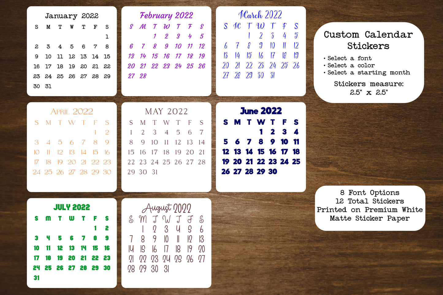 Custom Color and Font Calendar Stickers | Start With Any Month in 2023 | For Planners and Journals | Monthly Stickers Matte Finish