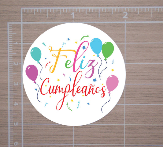 Feliz Cumpleaños Round Stickers, Gift Card Envelope Seals, Gift Wrap Stickers, 2" Circle Stickers | Happy Birthday In Spanish | Set of 12