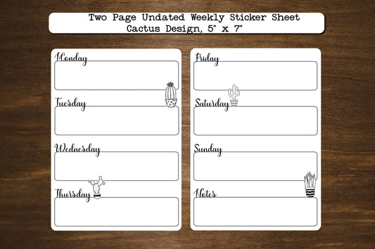 Two Page Undated Weekly Stickers Starts Sunday or Monday | Two Stickers Per Week | Cactus Design | 5" x 7"