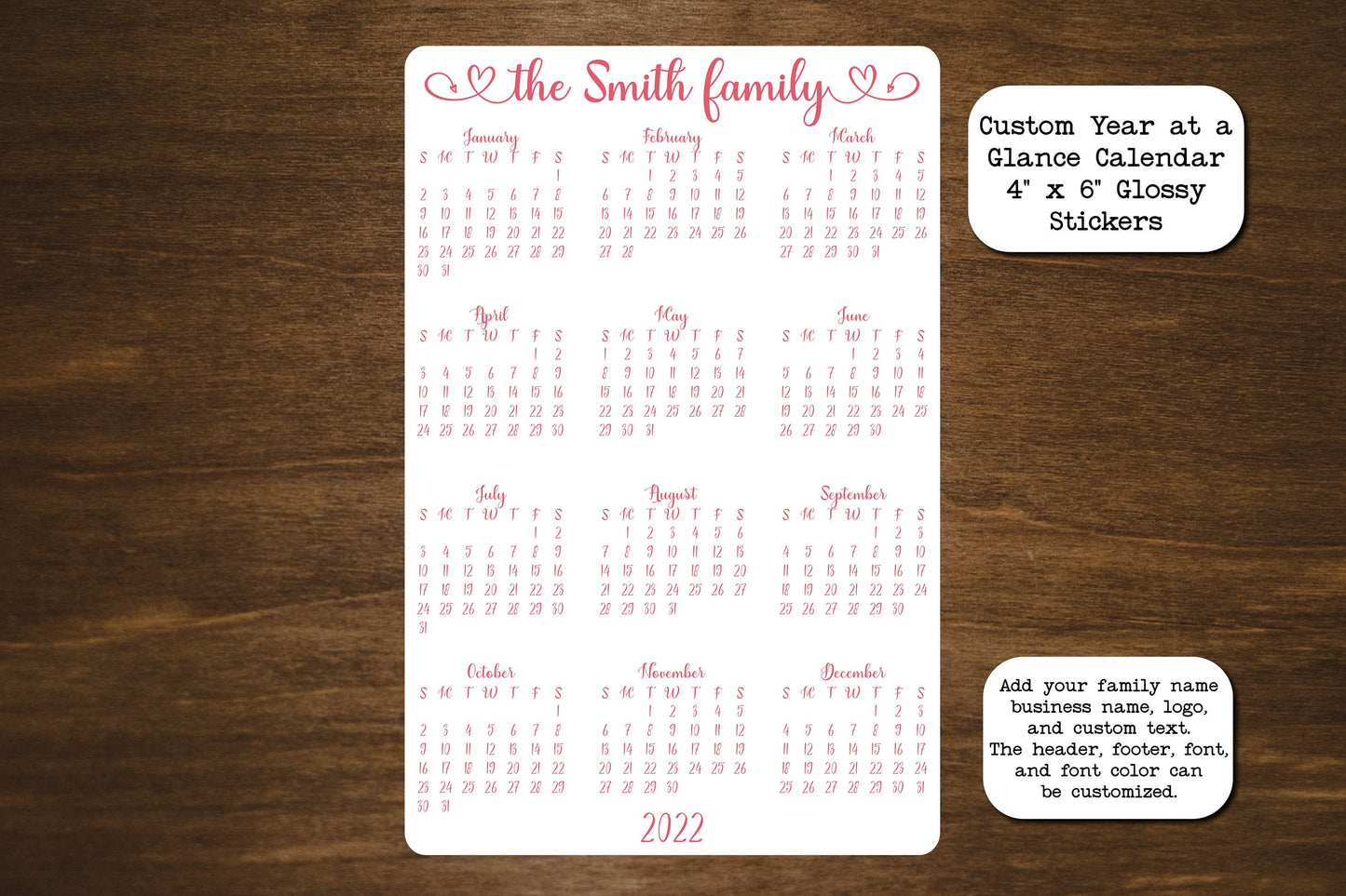 Custom Year At A Glance Calendar Stickers | 2023, 2024, or 2025 | Branded Calendars For Your Business, Personalized Calendar, 4" x 6" Glossy