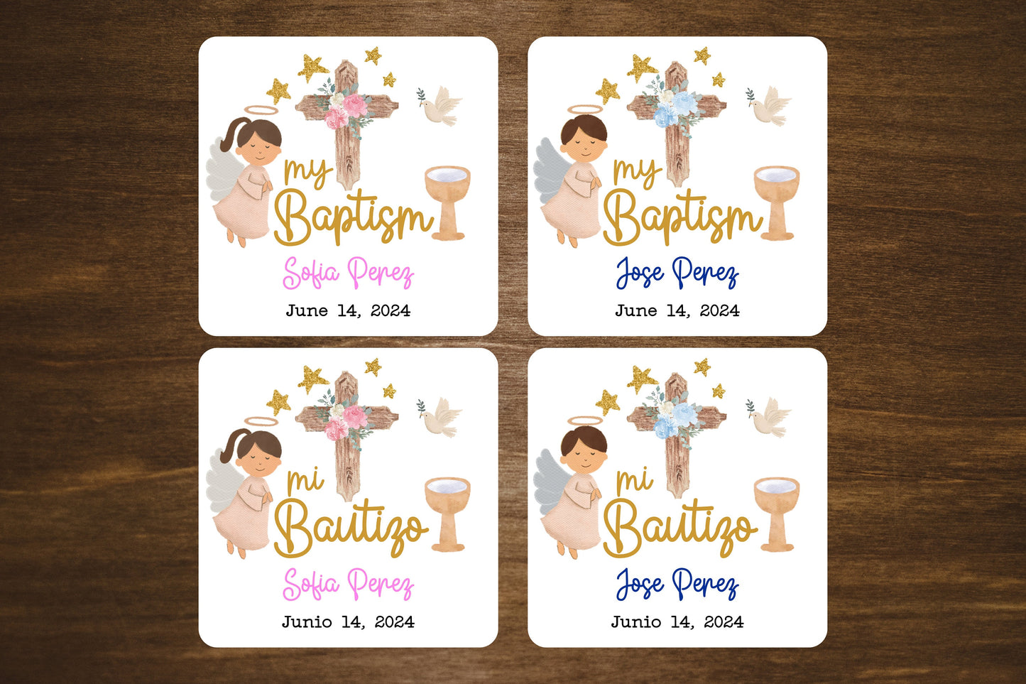 Custom Baptism/Bautizo Stickers | 2" x 2" Square Labels | Personalized Baptism Stickers | Custom Labels On A Roll | English and Spanish