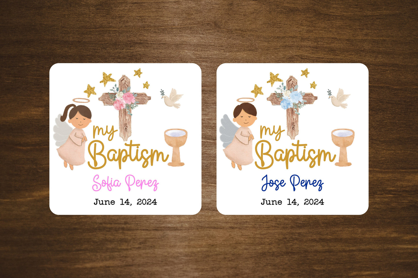 Custom Baptism/Bautizo Stickers | 2" x 2" Square Labels | Personalized Baptism Stickers | Custom Labels On A Roll | English and Spanish