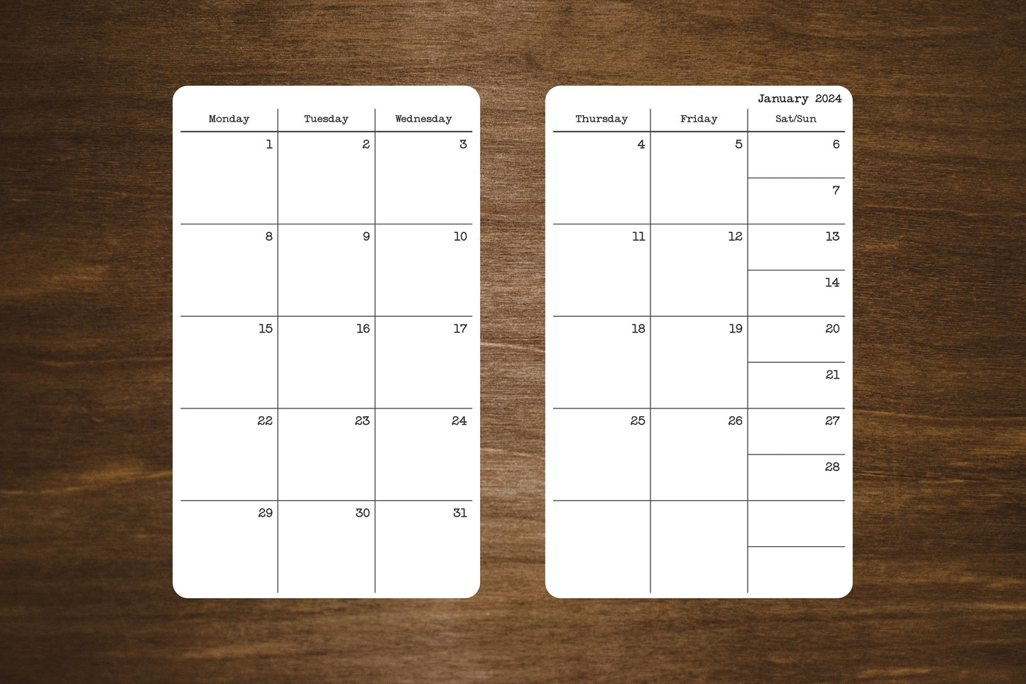 Monday Start Small Two Page 2023, 2024, or 2025 Calendar Stickers for Planners and Journals | 3" x 5" | 2 Stickers Per Month, 24 Total