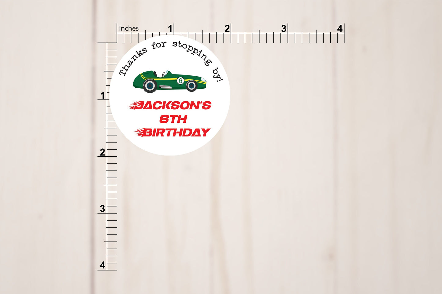 Race Car Birthday Round Stickers With Custom Name and Age