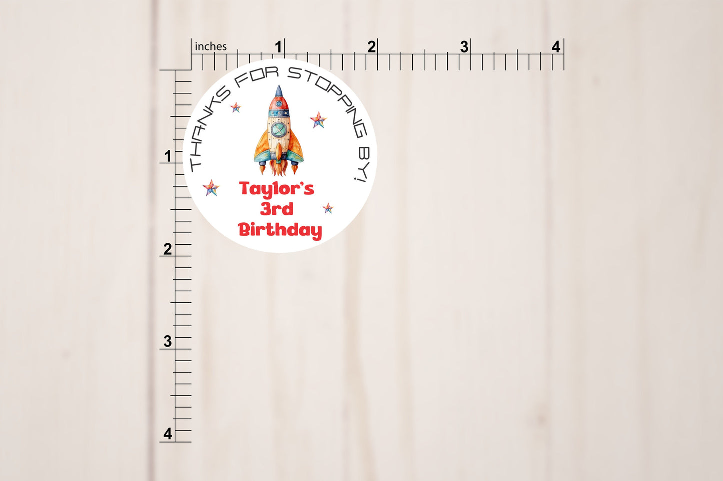 Rocket Ship Birthday Round Stickers With Custom Name and Age