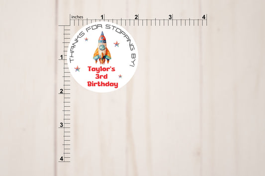 Rocket Ship Birthday Round Stickers With Custom Name and Age