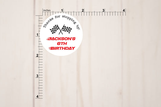 Racing Flag Birthday Round Stickers With Custom Name and Age