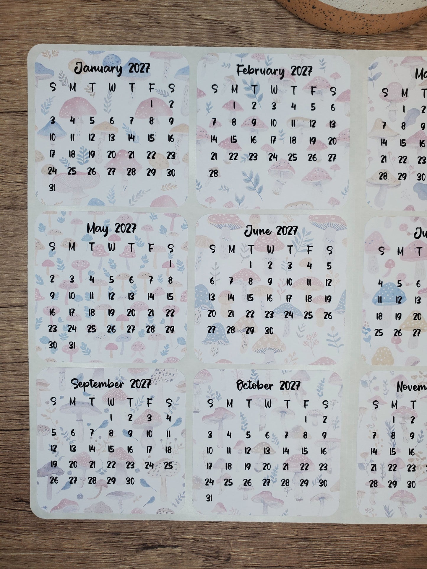 Mini Calendar Stickers with Mushrooms - Style E
