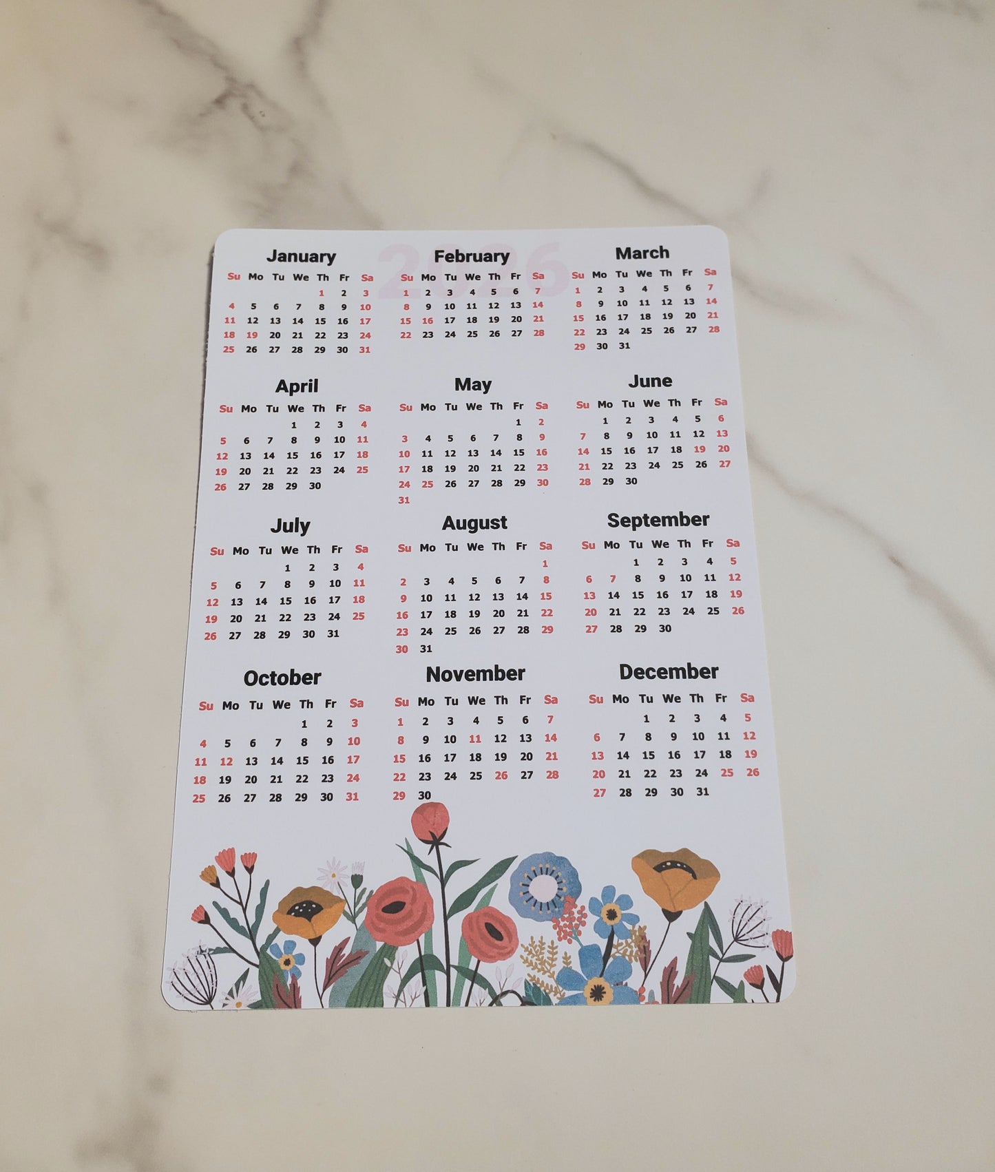 Year At A Glance Calendar Sticker - Wildflowers Design