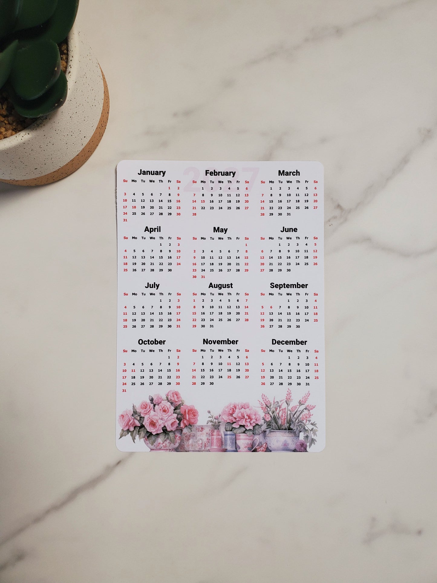 Year At A Glance Calendar Sticker - Watercolor Flowers Design