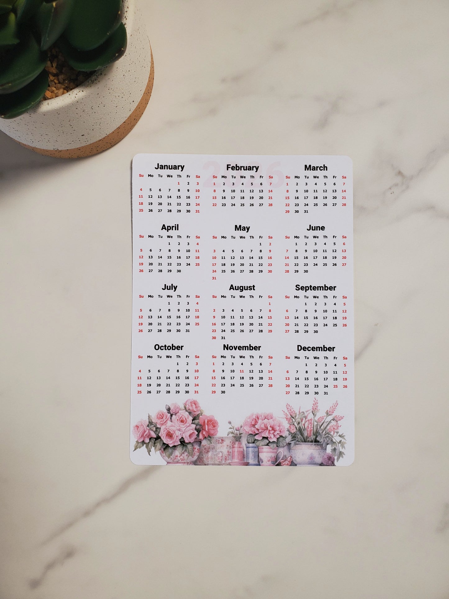 Year At A Glance Calendar Sticker - Watercolor Flowers Design