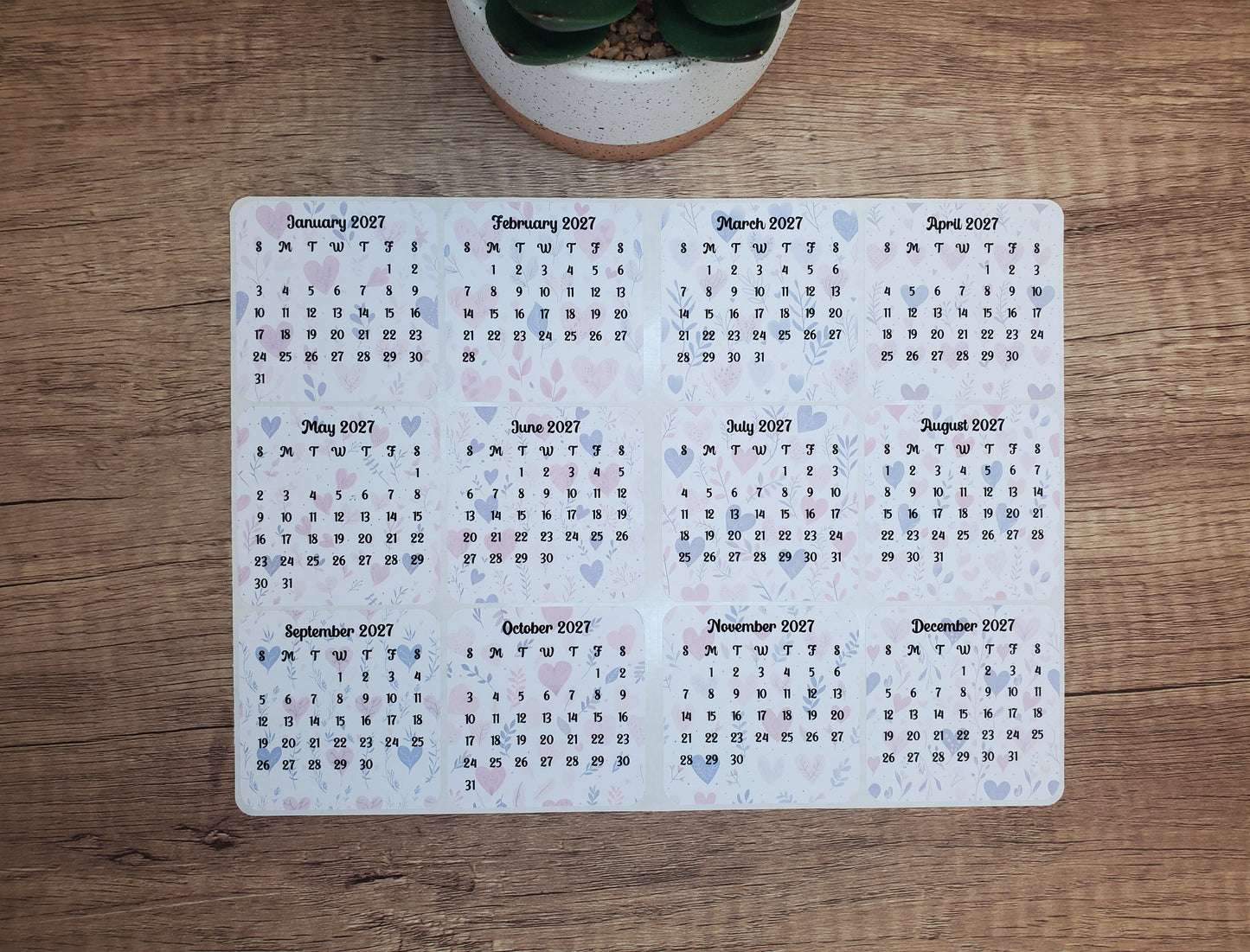 Mini Calendar Stickers with Hearts - Style D