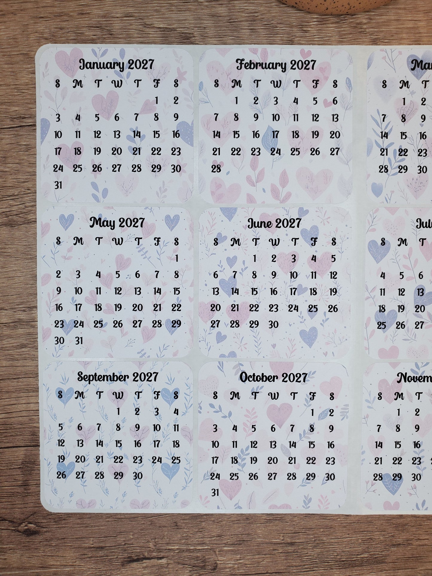 Mini Calendar Stickers with Hearts - Style D