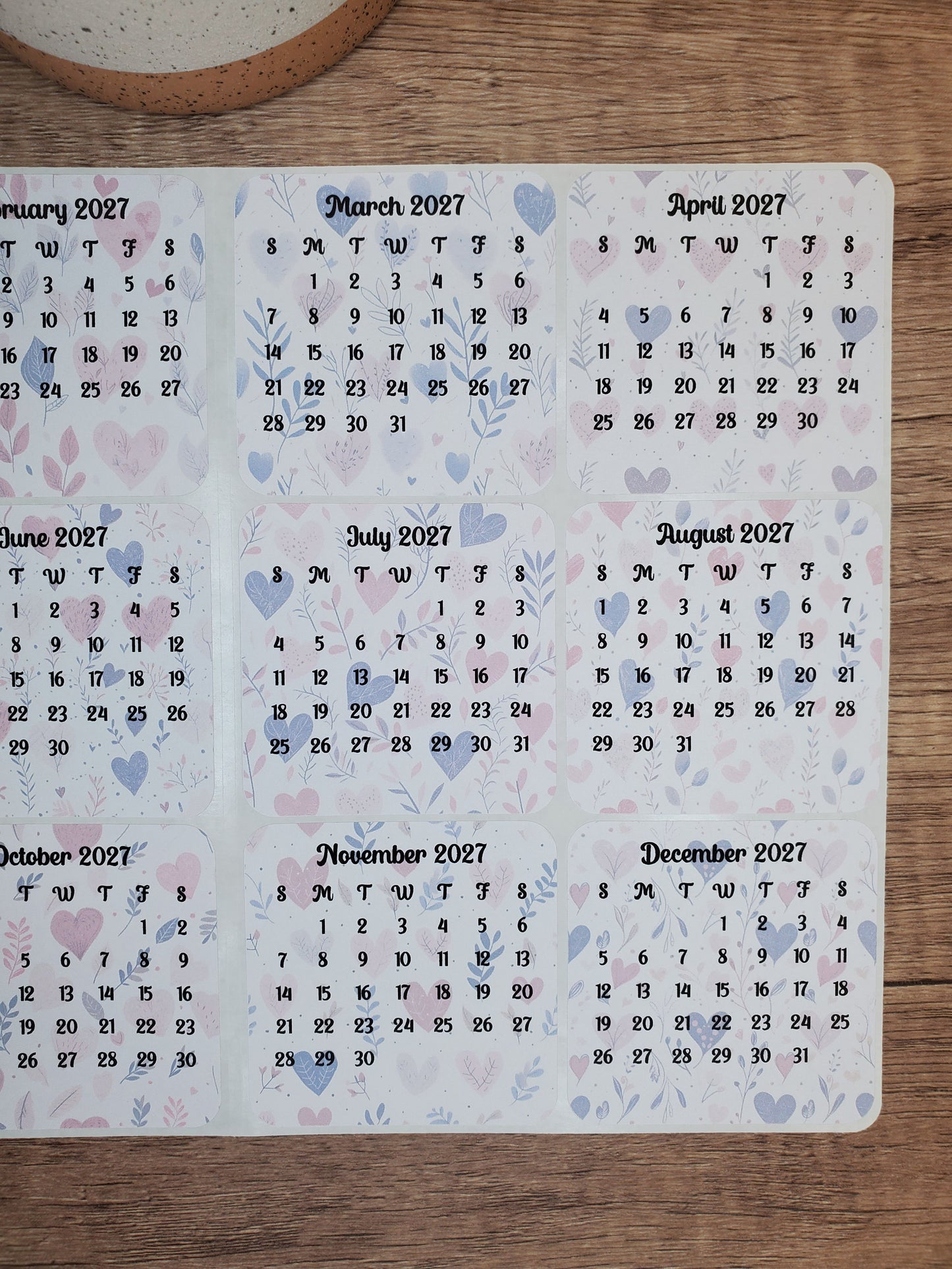 Mini Calendar Stickers with Hearts - Style D