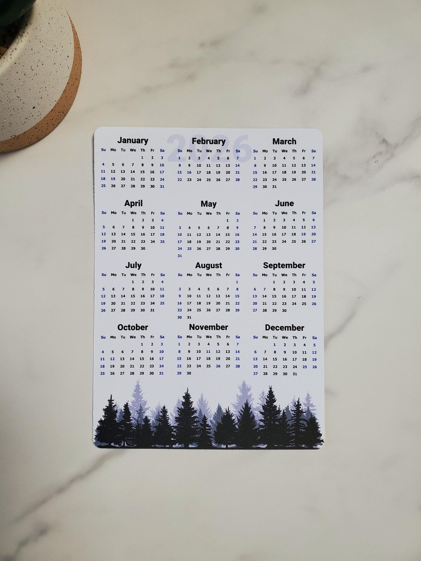 Year At A Glance Calendar Sticker - Pine Trees (Blue) Design