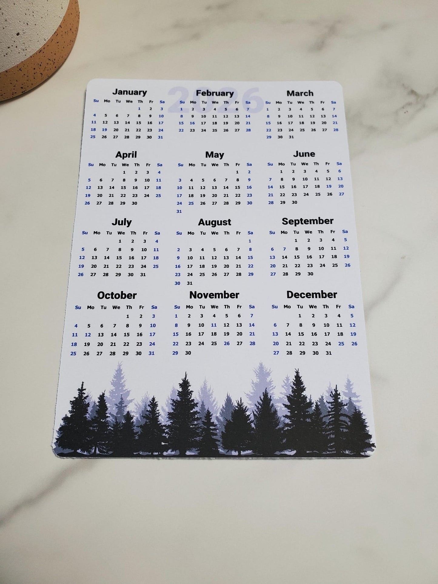 Year At A Glance Calendar Sticker - Pine Trees (Blue) Design