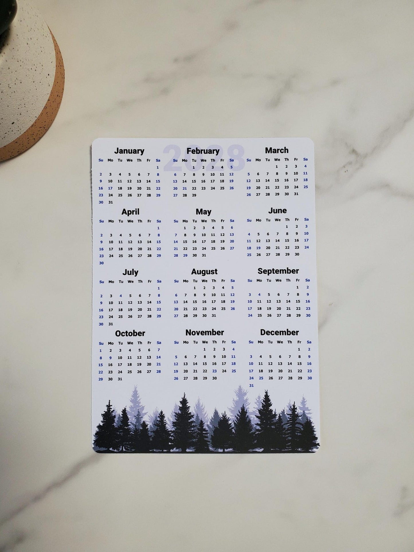 Year At A Glance Calendar Sticker - Pine Trees (Blue) Design