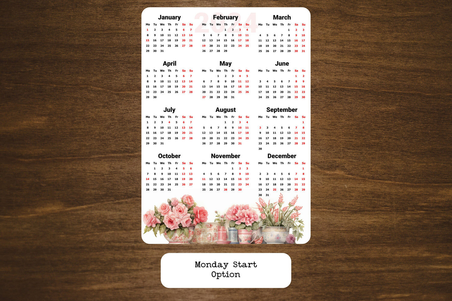 Year At A Glance Calendar Sticker - Watercolor Flowers Design