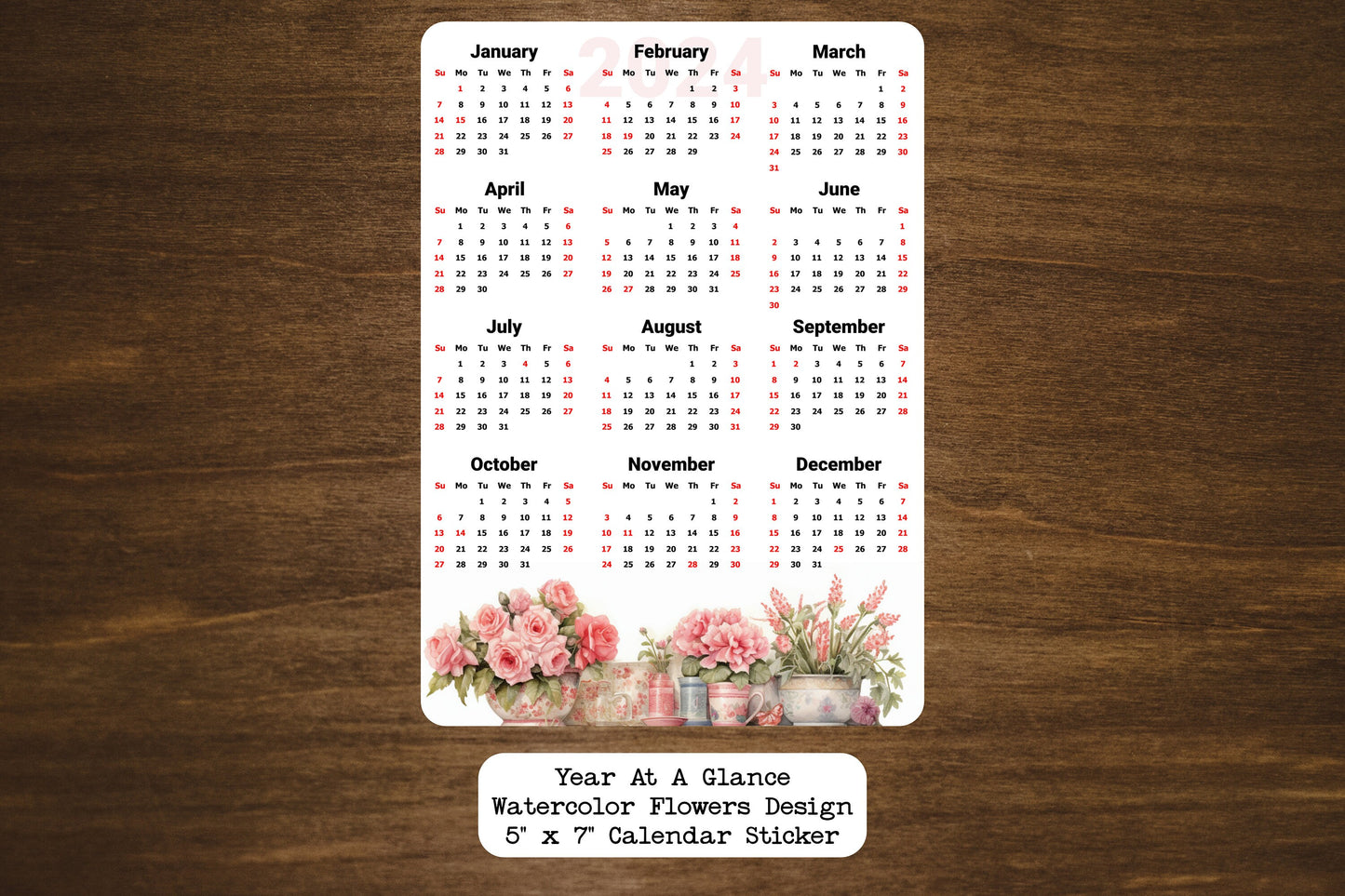 Year At A Glance Calendar Sticker - Watercolor Flowers Design