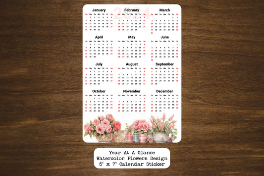 Year At A Glance Calendar Sticker - Watercolor Flowers Design