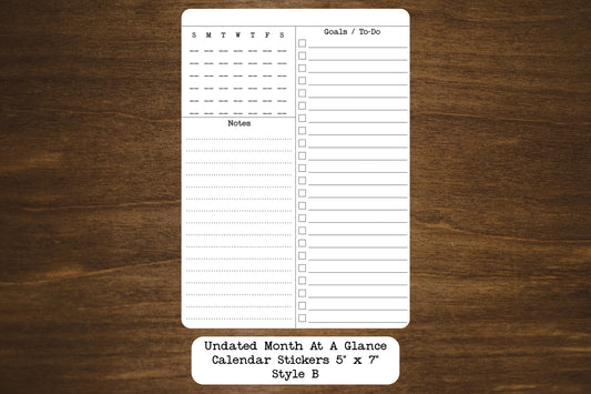 Undated Month At A Glance Calendar Stickers - Style B