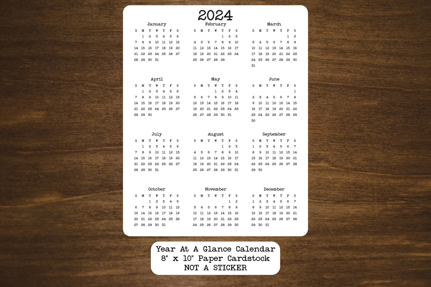 Year At A Glance Cardstock Calendar 8" x 10"