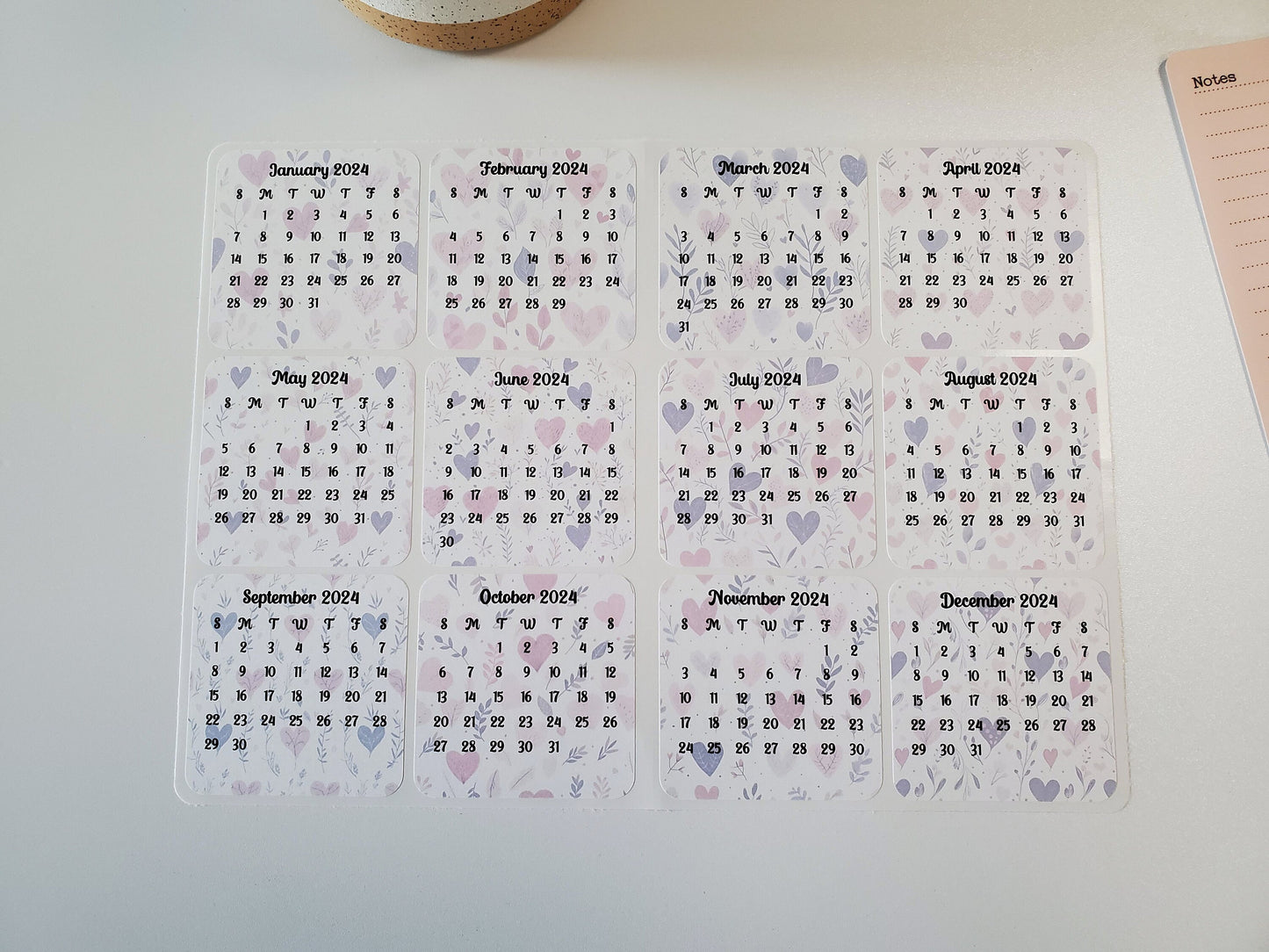 Mini Calendar Stickers with Hearts - Style D