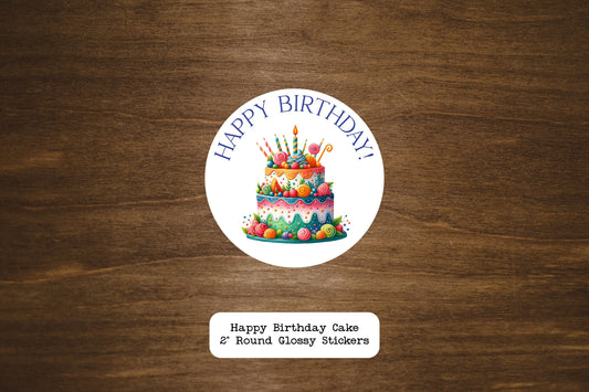 Happy Birthday Cake Round Stickers