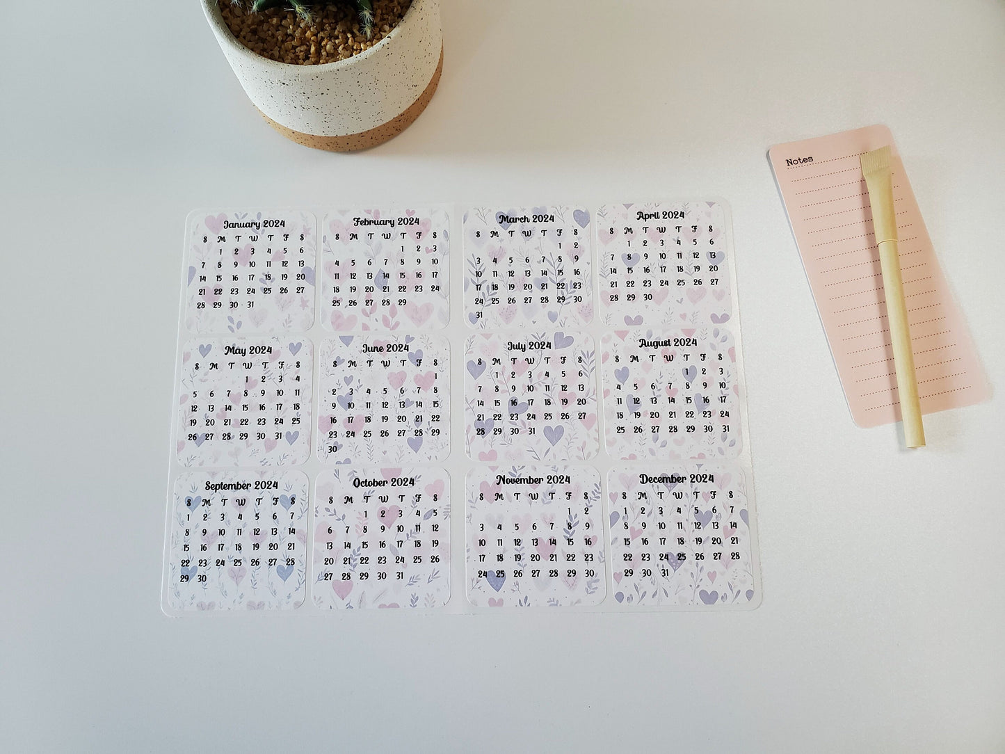 Mini Calendar Stickers with Hearts - Style D