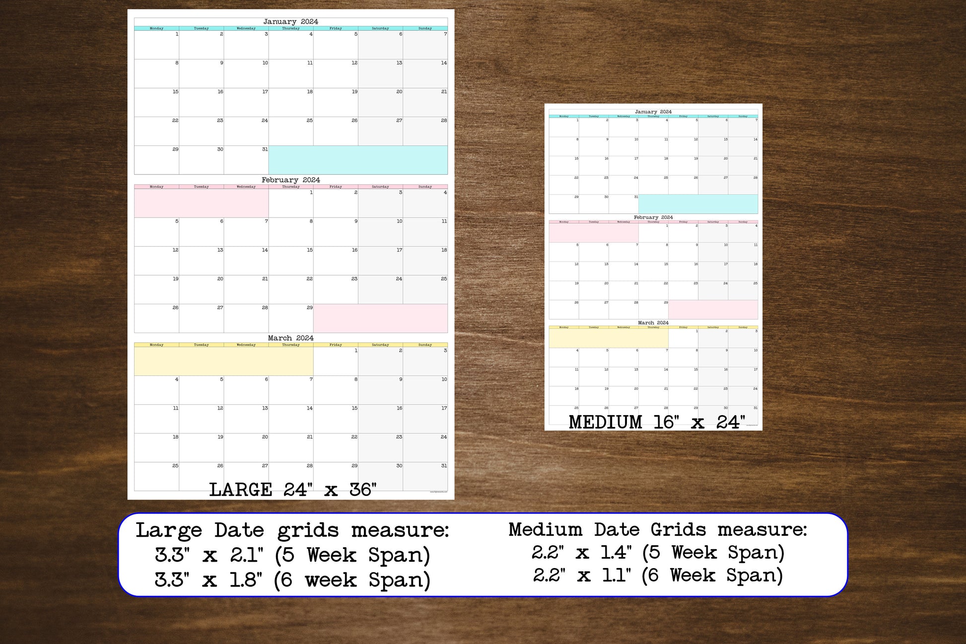 Monday Start Large Single Quarter Wall Calendar With Three Months | Start On Any Month | 24" x 36" or 16" x 24" | Physical Print