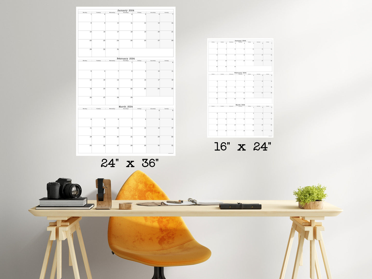 Monday Start Large Single Quarter Wall Calendar With Three Months | Start On Any Month | 24" x 36" or 16" x 24" | Physical Print