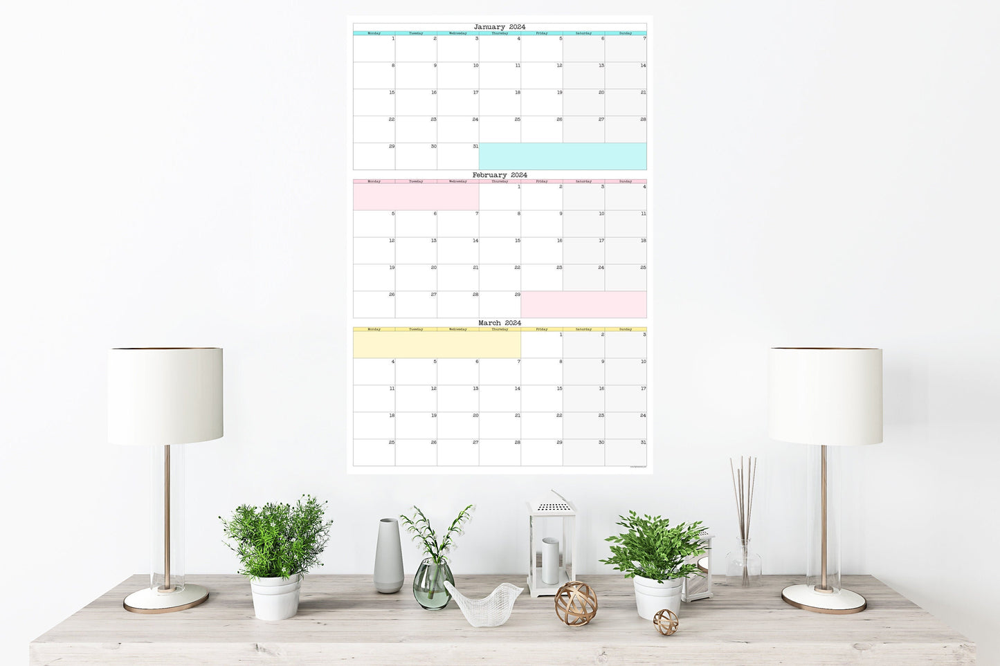 Monday Start Large Single Quarter Wall Calendar With Three Months | Start On Any Month | 24" x 36" or 16" x 24" | Physical Print