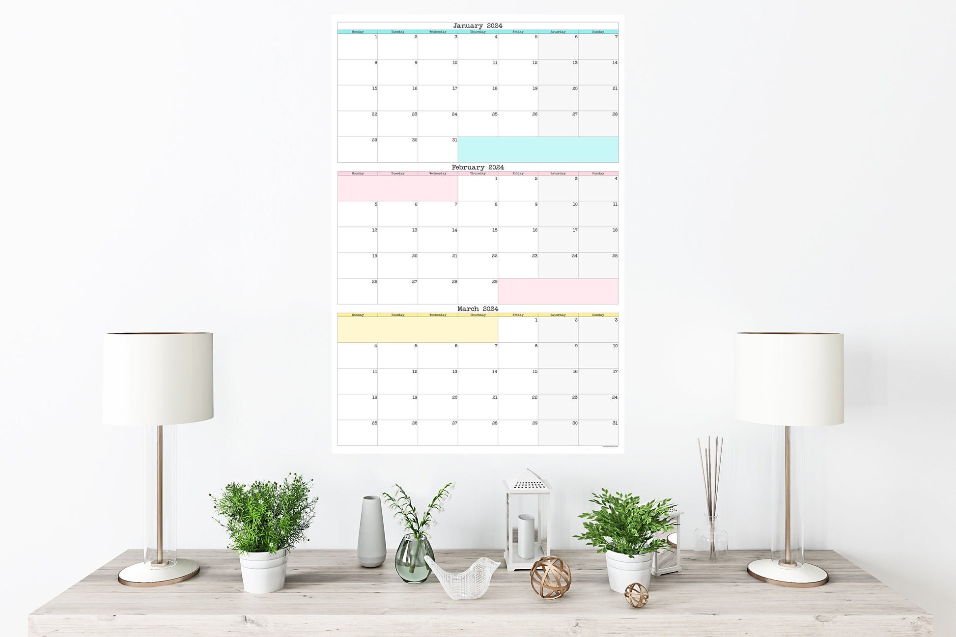 Monday Start Large Single Quarter Wall Calendar With Three Months | Start On Any Month | 24" x 36" or 16" x 24" | Physical Print