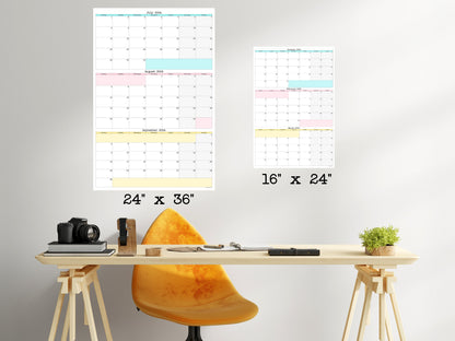 Monday Start Large Single Quarter Wall Calendar With Three Months | Start On Any Month | 24" x 36" or 16" x 24" | Physical Print